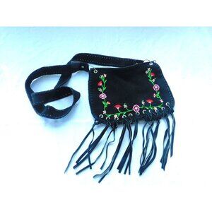 Boho Small Black Faux Suede Fringed Crossbody Purse with Embroidery
